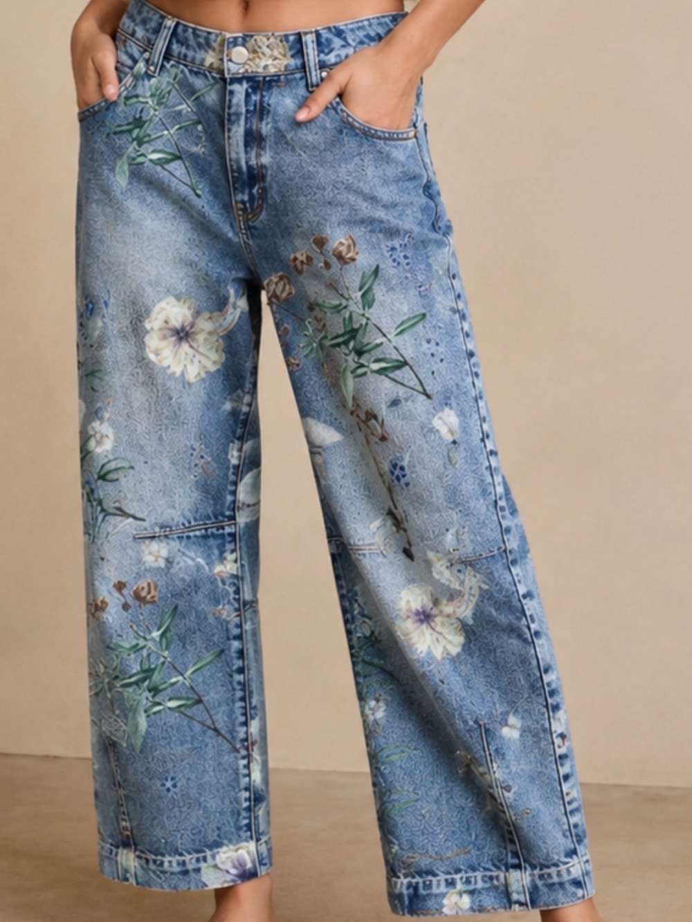 Floral Wide-Leg Denim Jeans - Blue